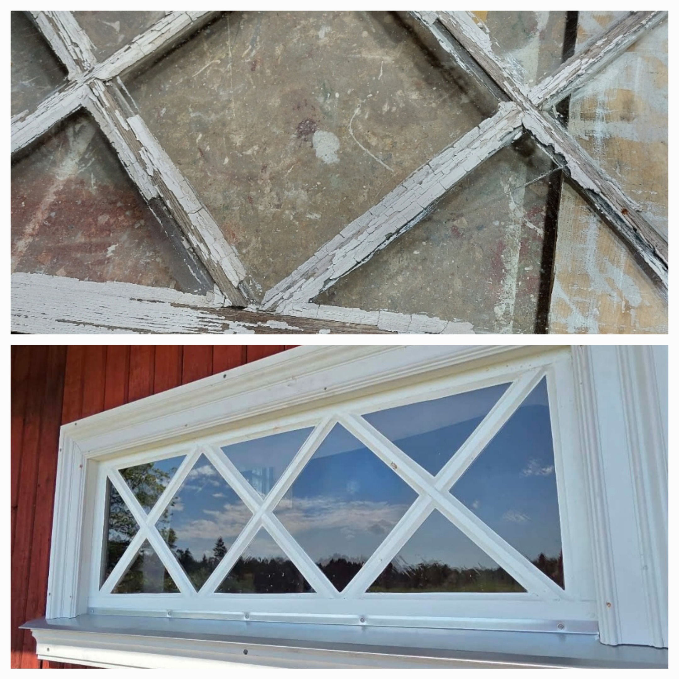Gammalt fönster före och efter renovering och målning med linoljefärg